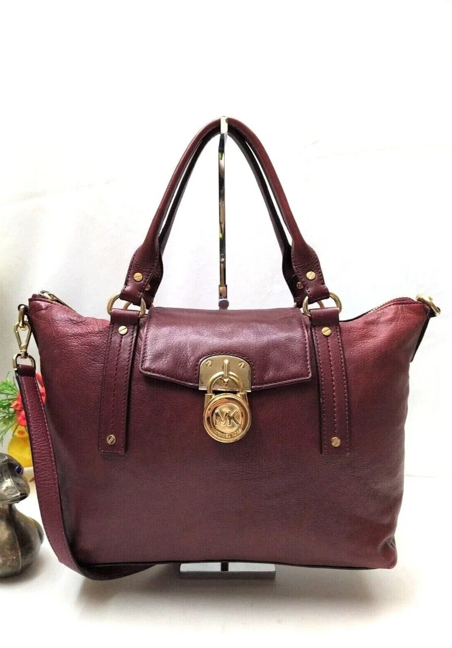 Michael Kors Maroon Leather Lock Double Handles Zipper Satchel Bag